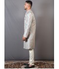 Peach And Teal Jacquard Wedding Indo-Western For Men