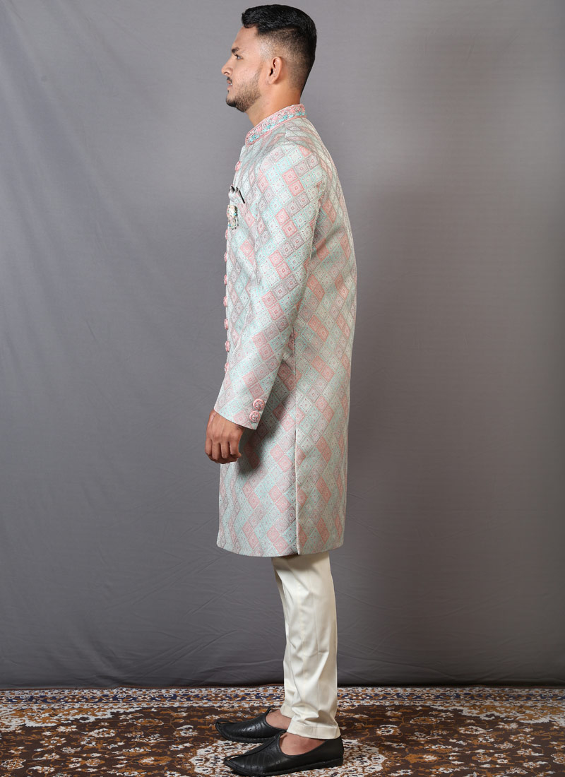 Peach And Teal Jacquard Wedding Indo-Western For Men