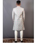 Peach And Teal Jacquard Wedding Indo-Western For Men