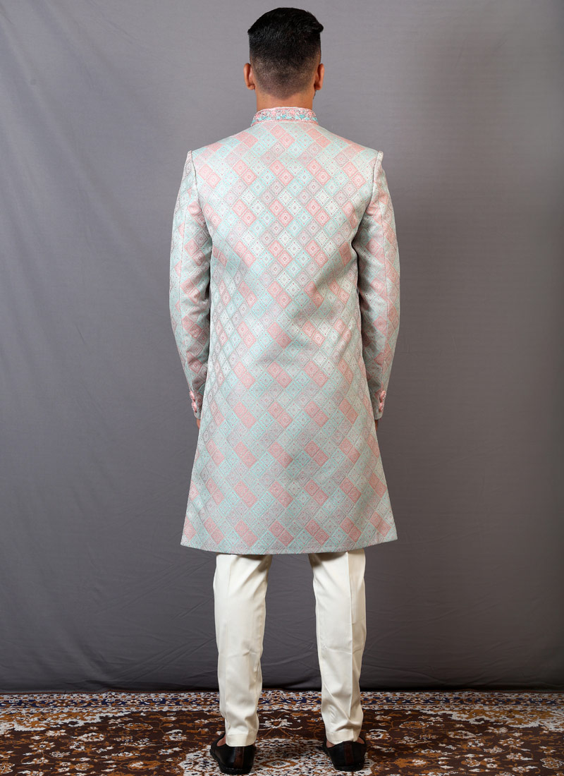 Peach And Teal Jacquard Wedding Indo-Western For Men