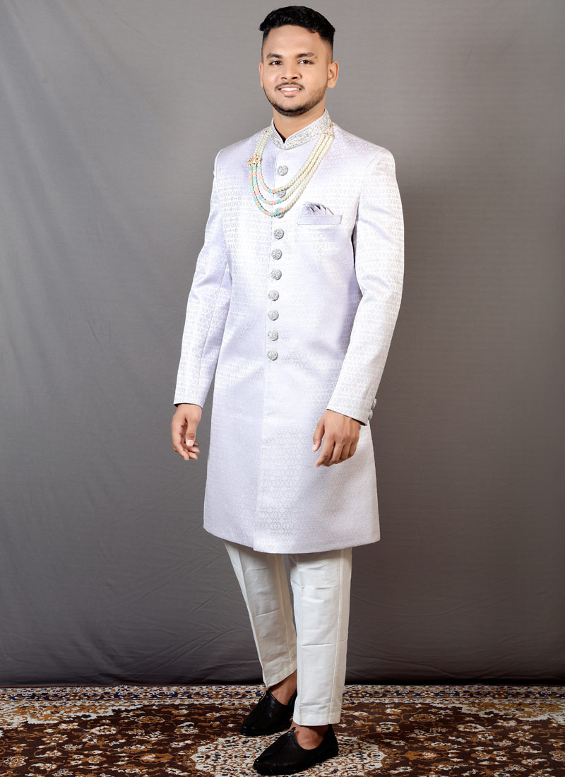 Steal Grey Jacquard Wedding Indo-Western For Men