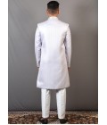 Steal Grey Jacquard Wedding Indo-Western For Men