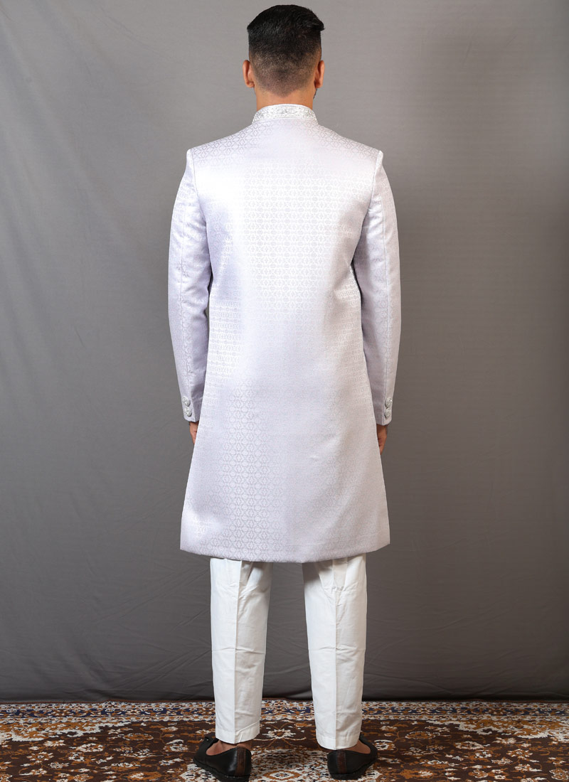 Steal Grey Jacquard Wedding Indo-Western For Men