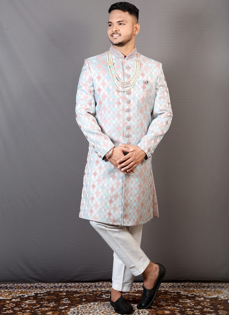 Onion Sky Blue Jacquard Wedding Indo-Western For Men