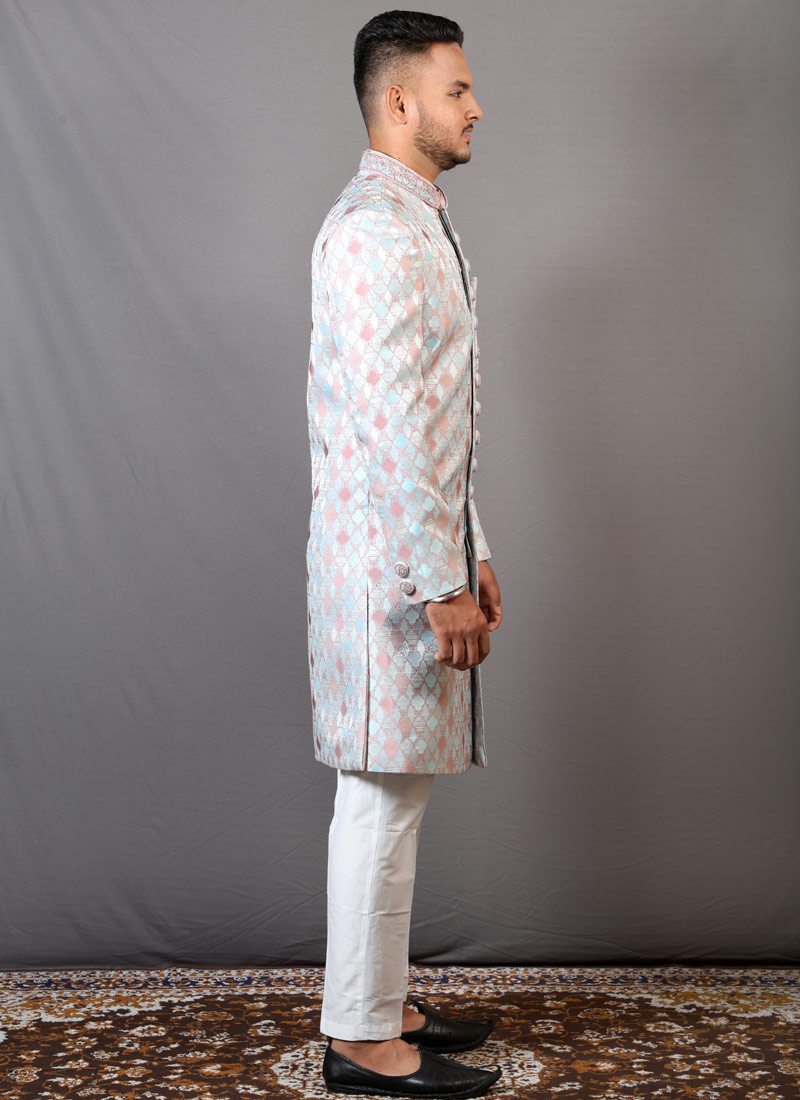 Onion Sky Blue Jacquard Wedding Indo-Western For Men