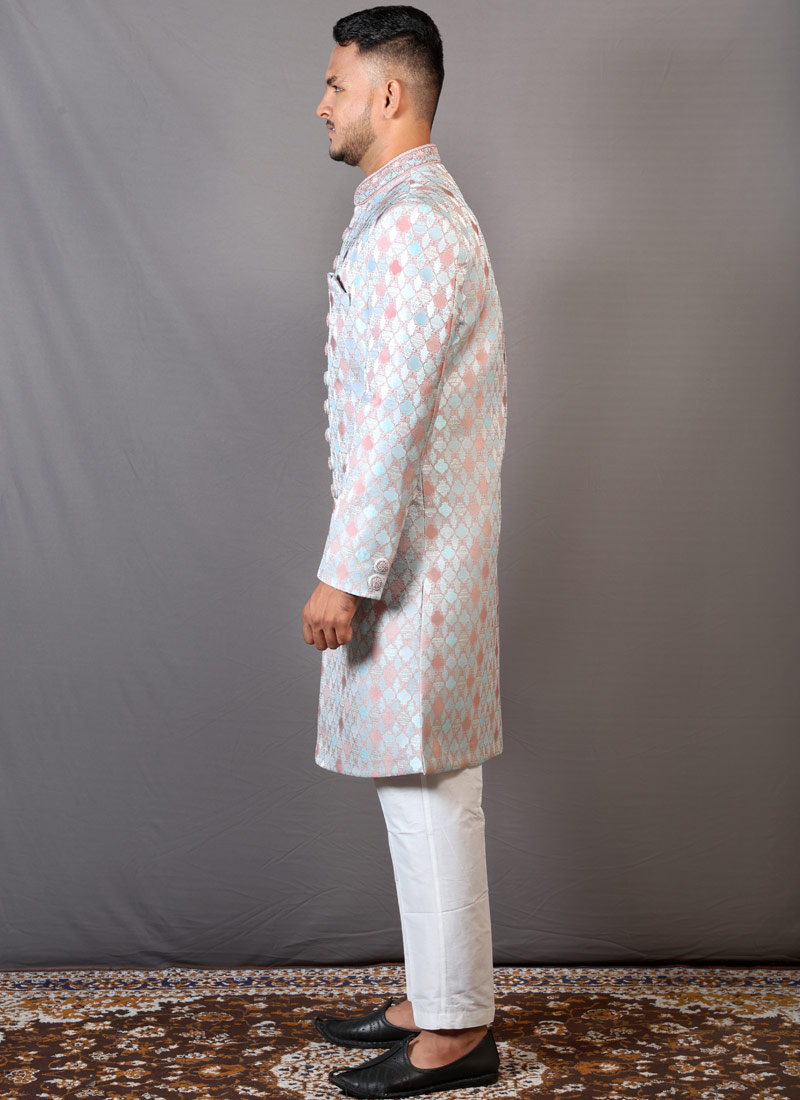 Onion Sky Blue Jacquard Wedding Indo-Western For Men