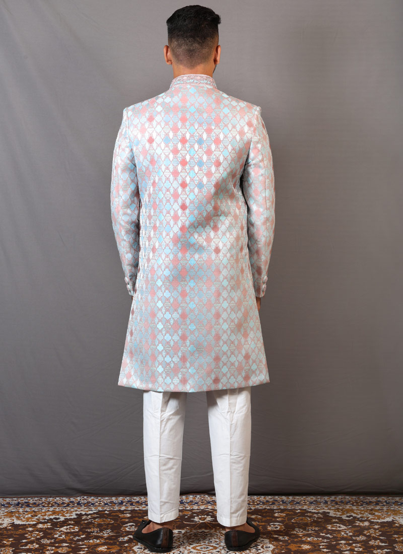 Onion Sky Blue Jacquard Wedding Indo-Western For Men