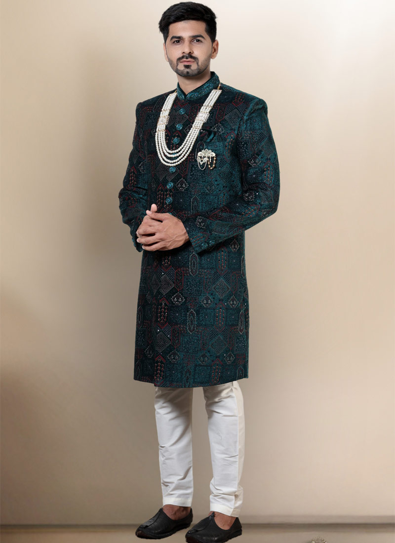 Green Velvet Embroidered Mens Wedding Indo Western