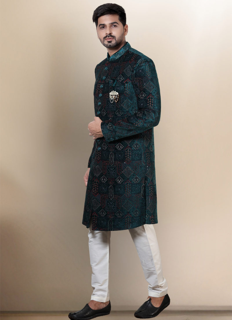 Green Velvet Embroidered Mens Wedding Indo Western