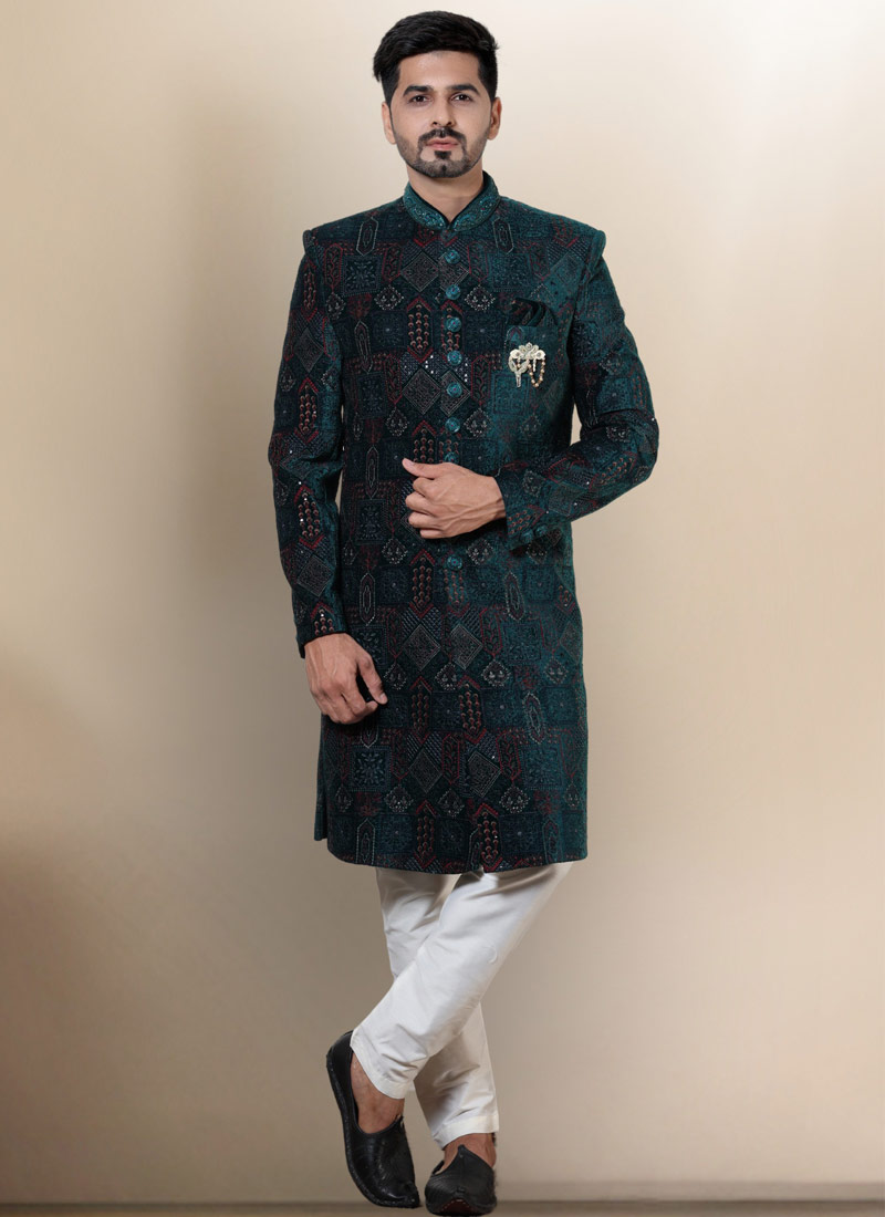 Green Velvet Embroidered Mens Wedding Indo Western