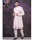 Pink Soft Silk Embroidered Mens Wedding Indo Western