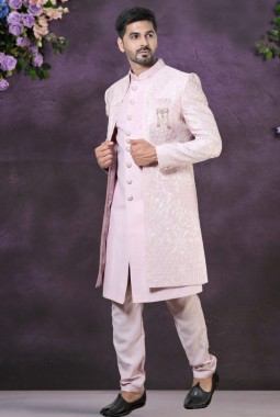 Pink Soft Silk Embroidered Mens Wedding Indo Western