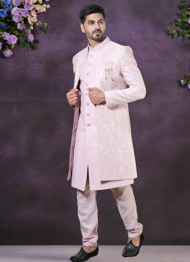 Pink Soft Silk Embroidered Mens Wedding Indo Western