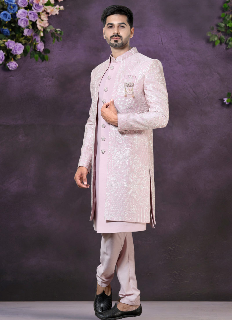 Pink Soft Silk Embroidered Mens Wedding Indo Western