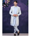 Sky Blue Soft Silk Embroidered Mens Wedding Indo Western 