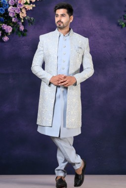 Sky Blue Soft Silk Embroidered Mens Wedding Indo Western 