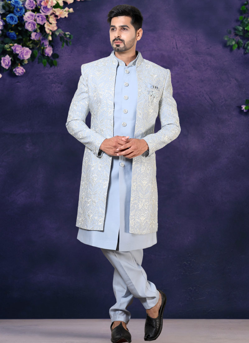 Sky Blue Soft Silk Embroidered Mens Wedding Indo Western 