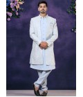 Sky Blue Soft Silk Embroidered Mens Wedding Indo Western 