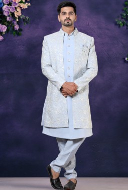 Sky Blue Soft Silk Embroidered Mens Wedding Indo Western 