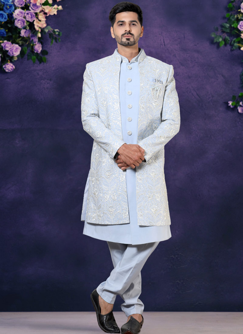 Sky Blue Soft Silk Embroidered Mens Wedding Indo Western 