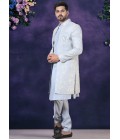 Sky Blue Soft Silk Embroidered Mens Wedding Indo Western 