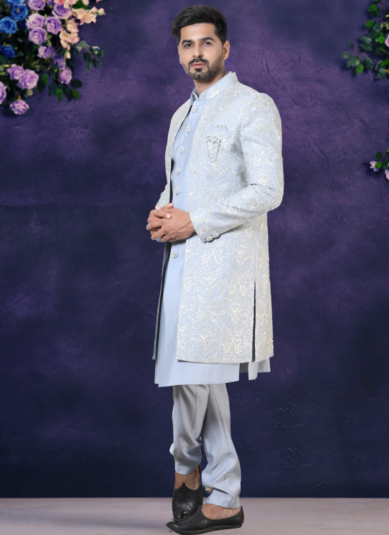 Sky Blue Soft Silk Embroidered Mens Wedding Indo Western 