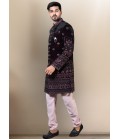 Wine Soft Silk Embroidered Mens Groom Indo Western 