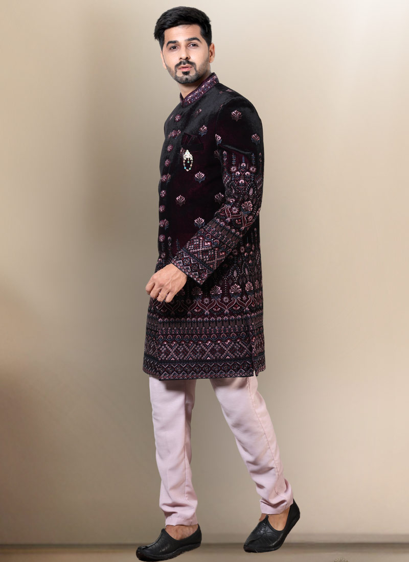 Wine Soft Silk Embroidered Mens Groom Indo Western 