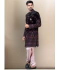 Wine Soft Silk Embroidered Mens Groom Indo Western 