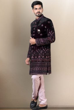 Wine Soft Silk Embroidered Mens Groom Indo Western 