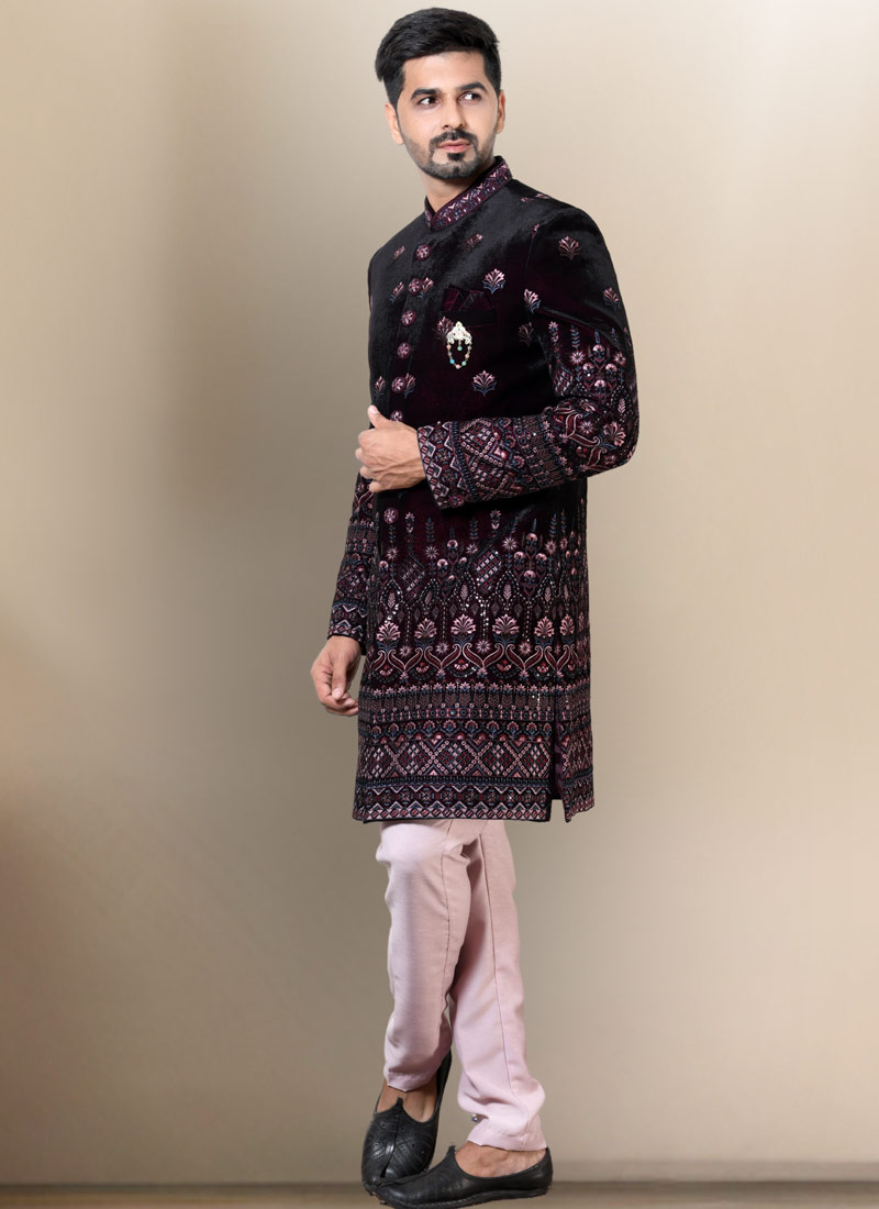 Wine Soft Silk Embroidered Mens Groom Indo Western 