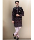 Wine Soft Silk Embroidered Mens Groom Indo Western 