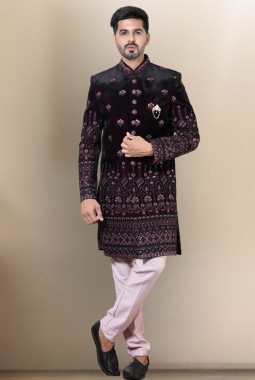 Wine Soft Silk Embroidered Mens Groom Indo Western 