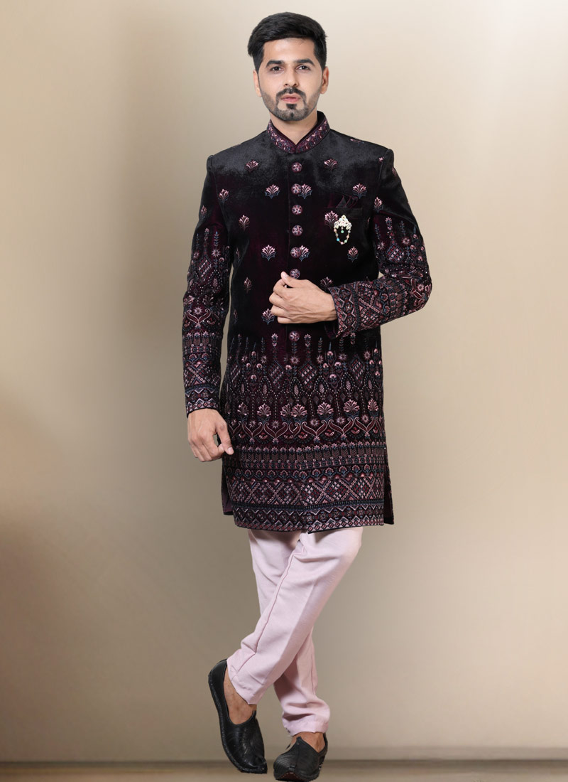 Wine Soft Silk Embroidered Mens Groom Indo Western 