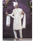 Cream Silk Embroidered Mens Groom Sherwani