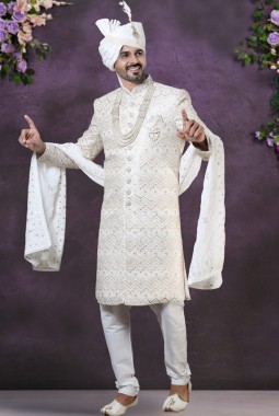 Cream Silk Embroidered Mens Groom Sherwani