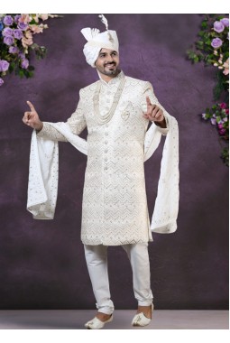 Cream Silk Embroidered Mens Groom Sherwani