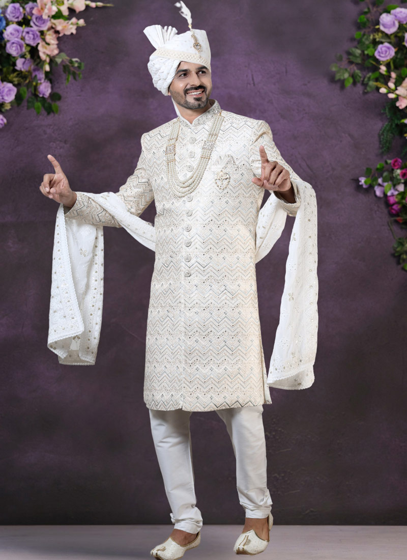 Cream Silk Embroidered Mens Groom Sherwani