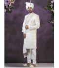 Cream Silk Embroidered Mens Groom Sherwani