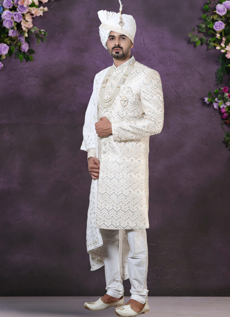 Cream Silk Embroidered Mens Groom Sherwani