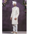 Cream Silk Embroidered Mens Groom Sherwani