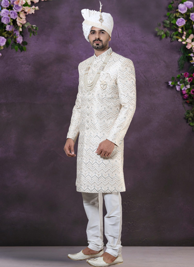 Cream Silk Embroidered Mens Groom Sherwani