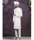 Cream Velvet Embroidered Mens Wedding Sherwani