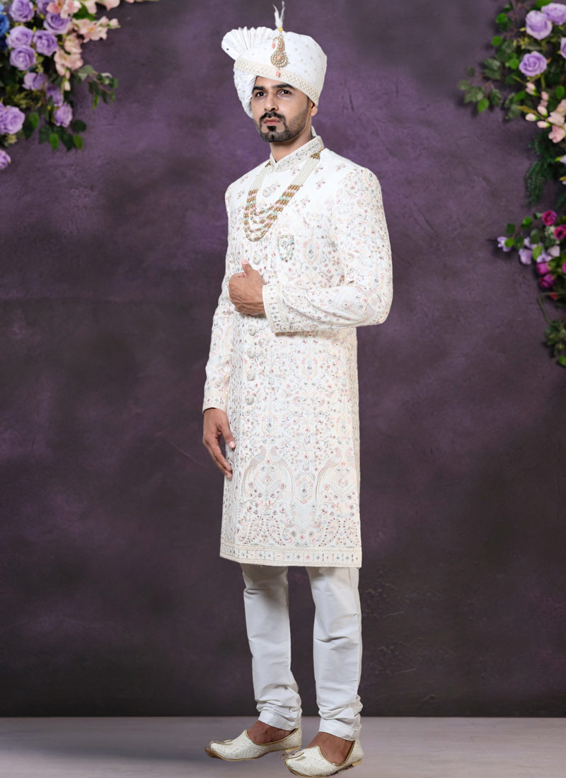 Cream Velvet Embroidered Mens Wedding Sherwani