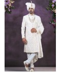 Cream Velvet Embroidered Mens Wedding Sherwani