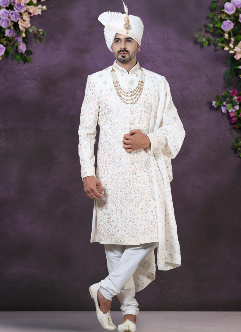 Cream Velvet Embroidered Mens Wedding Sherwani