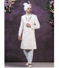 Cream Velvet Embroidered Mens Wedding Sherwani