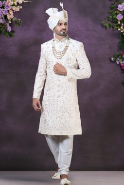Cream Velvet Embroidered Mens Wedding Sherwani