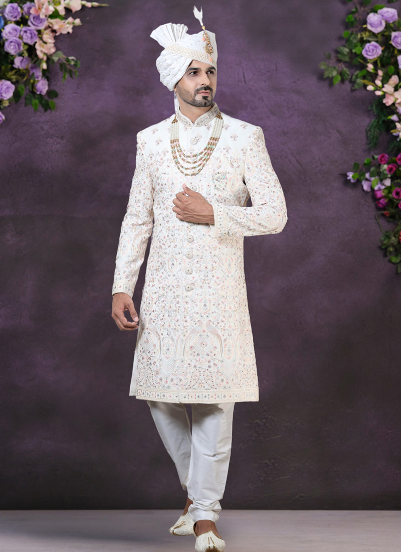 Cream Velvet Embroidered Mens Wedding Sherwani