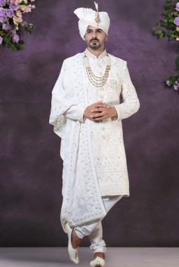 Regal Elegance Cream Velvet Embroidered Sherwani For Men